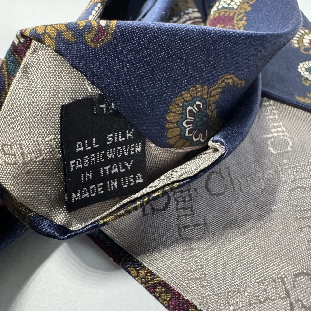 Christian Dior Monsieur Silk Tie Navy Blue Paisley Floral Italian Fabric USA VTG